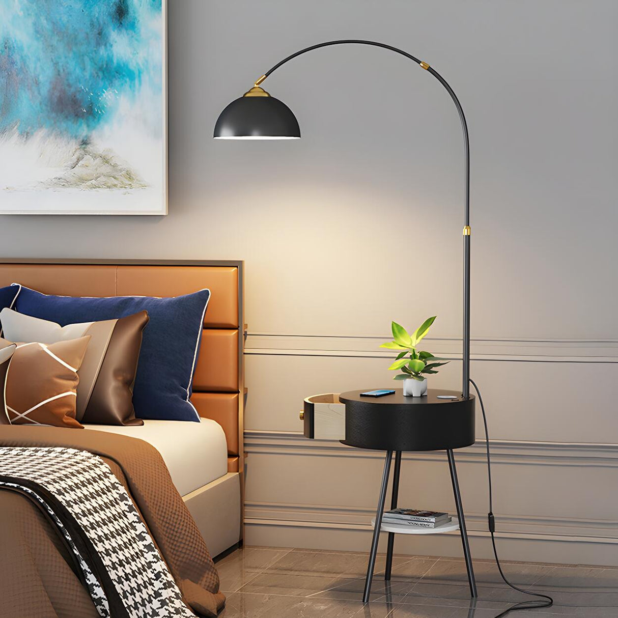 Modern Gold Dome and Arched Side Table Floor Lamp Image - 16