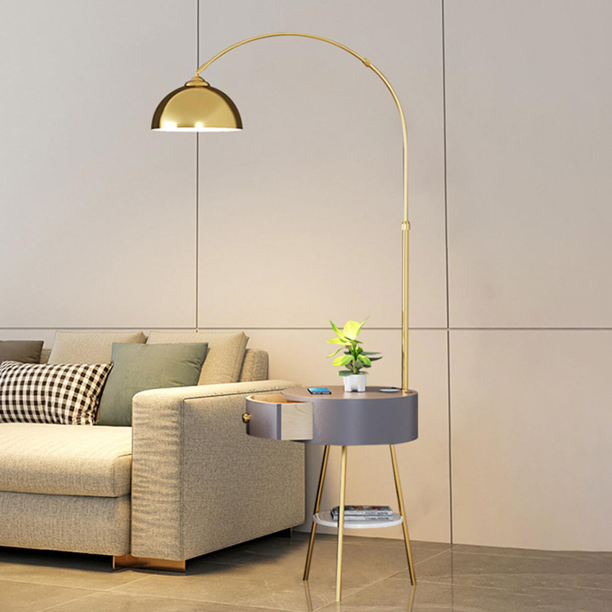 Modern Gold Dome and Arched Side Table Floor Lamp Image - 3