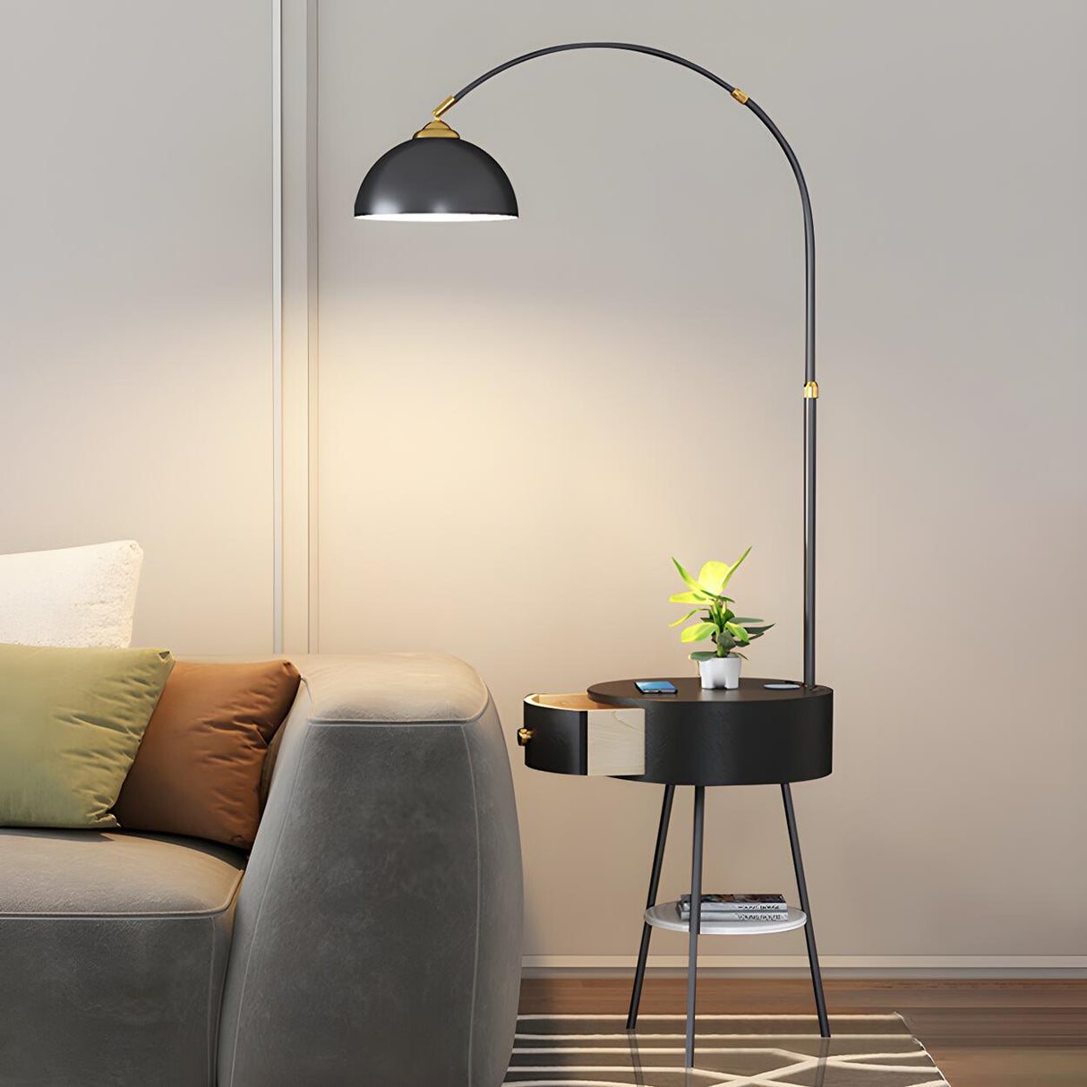 Modern Gold Dome and Arched Side Table Floor Lamp Image - 7