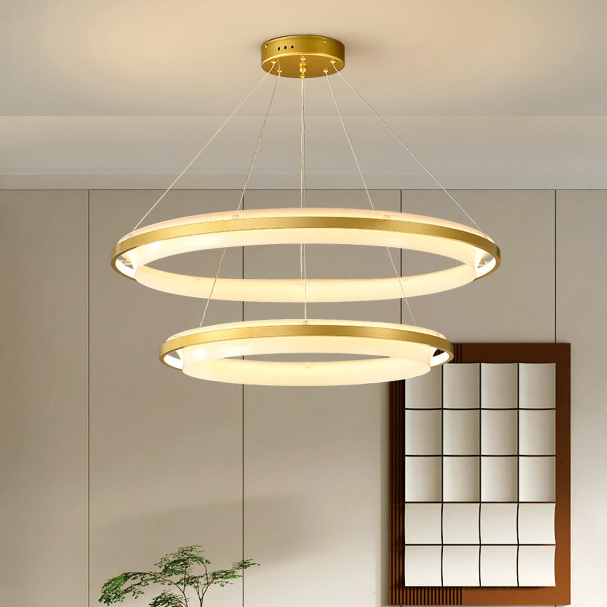 Modern Gold Double Acrylic Ring Chandelier Adjustable Height Image - 1