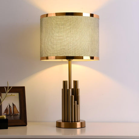 Modern Gold Drum Fabric Shade Metal Bedside Table Lamp Image - 1