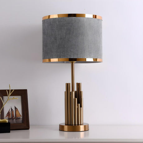 Modern Gold Drum Fabric Shade Metal Bedside Table Lamp Image - 2