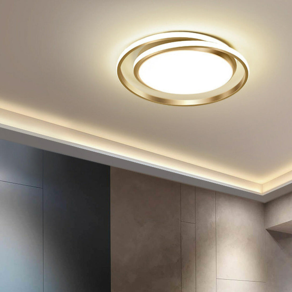 Modern Gold Dual Circle Dimmable LED Flush Mount Light Image - 4