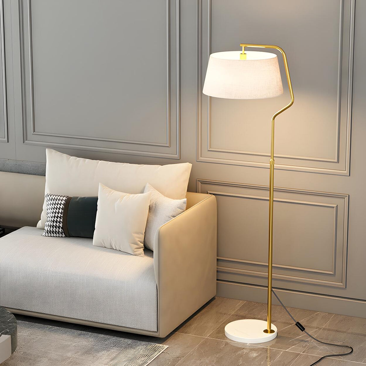 Modern Gold Fabric Cylinder Arc Bedroom Floor Lamp Image - 12