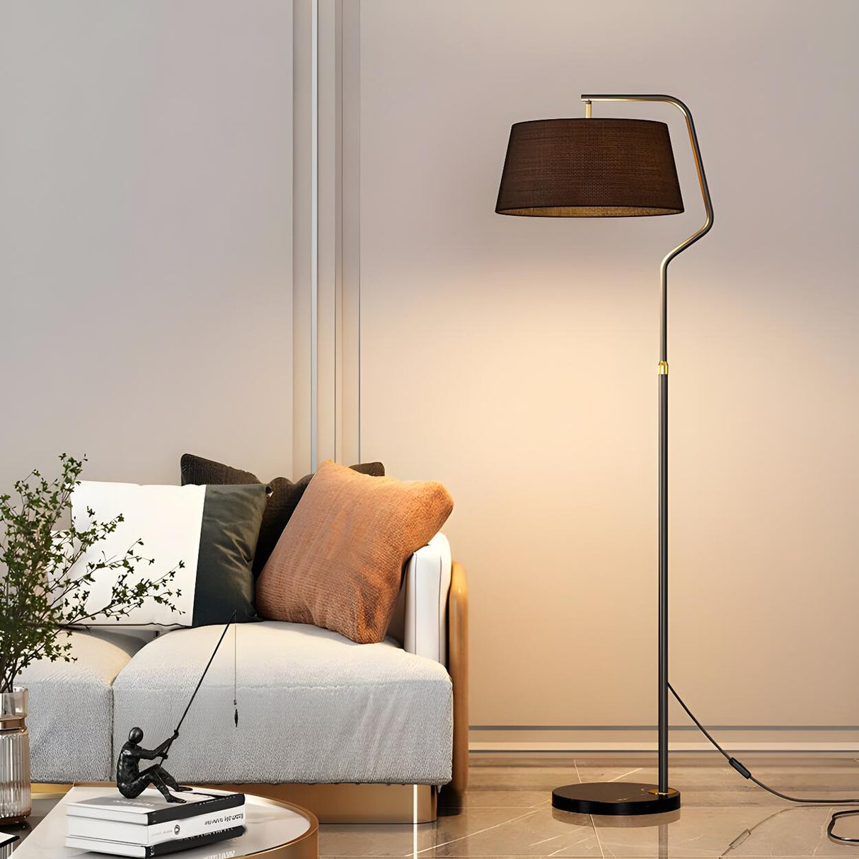 Modern Gold Fabric Cylinder Arc Bedroom Floor Lamp Image - 5