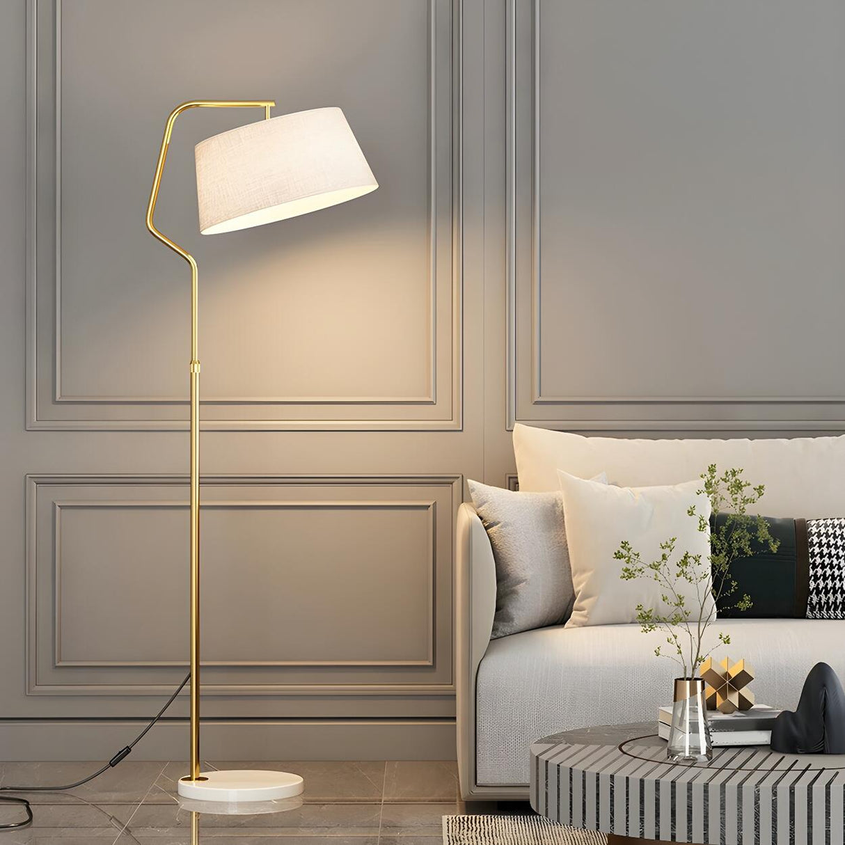 Modern Gold Fabric Cylinder Arc Bedroom Floor Lamp Image - 6