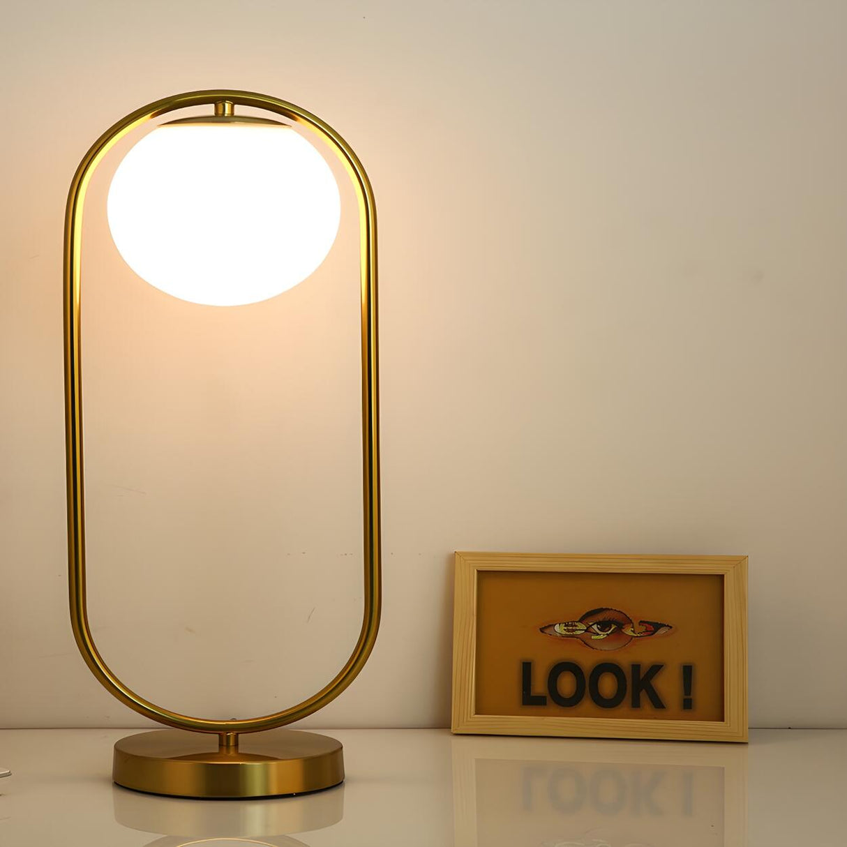 Modern Gold Globe Shade Oval Metal Frame Table Lamp Image - 10