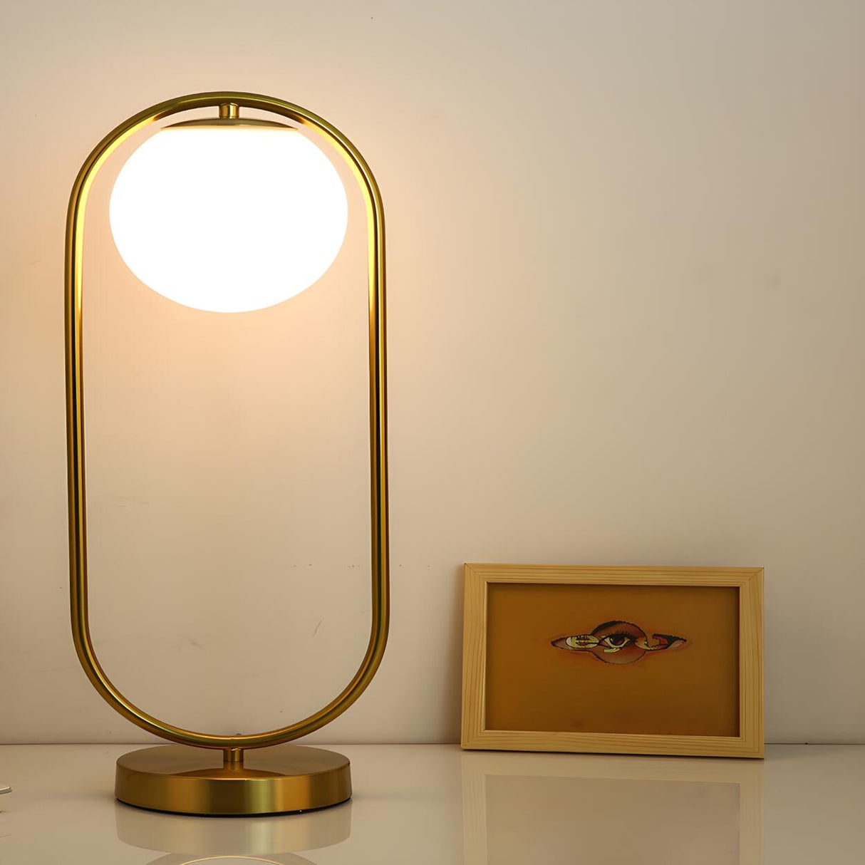 Modern Gold Globe Shade Oval Metal Frame Table Lamp Image - 2