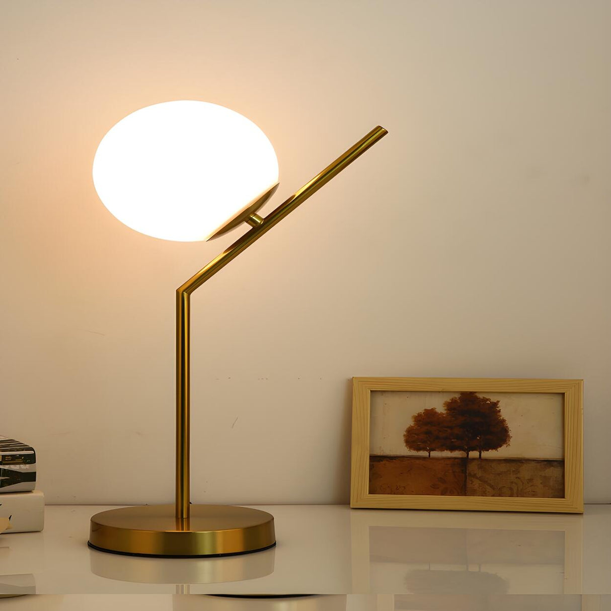 Modern Gold Globe Shade Oval Metal Frame Table Lamp Image - 3