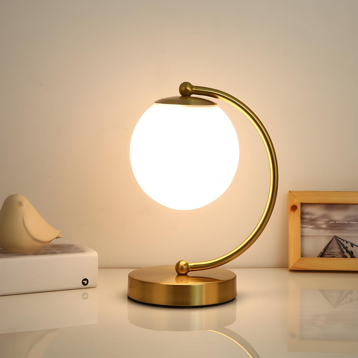 Modern Gold Globe Shade Oval Metal Frame Table Lamp Image - 6