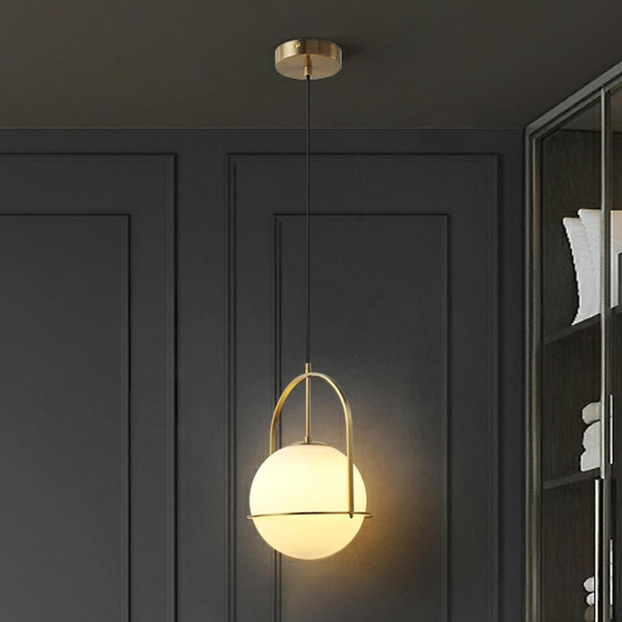 Modern Gold Globe White Glass Living Room Pendant Light Image - 2