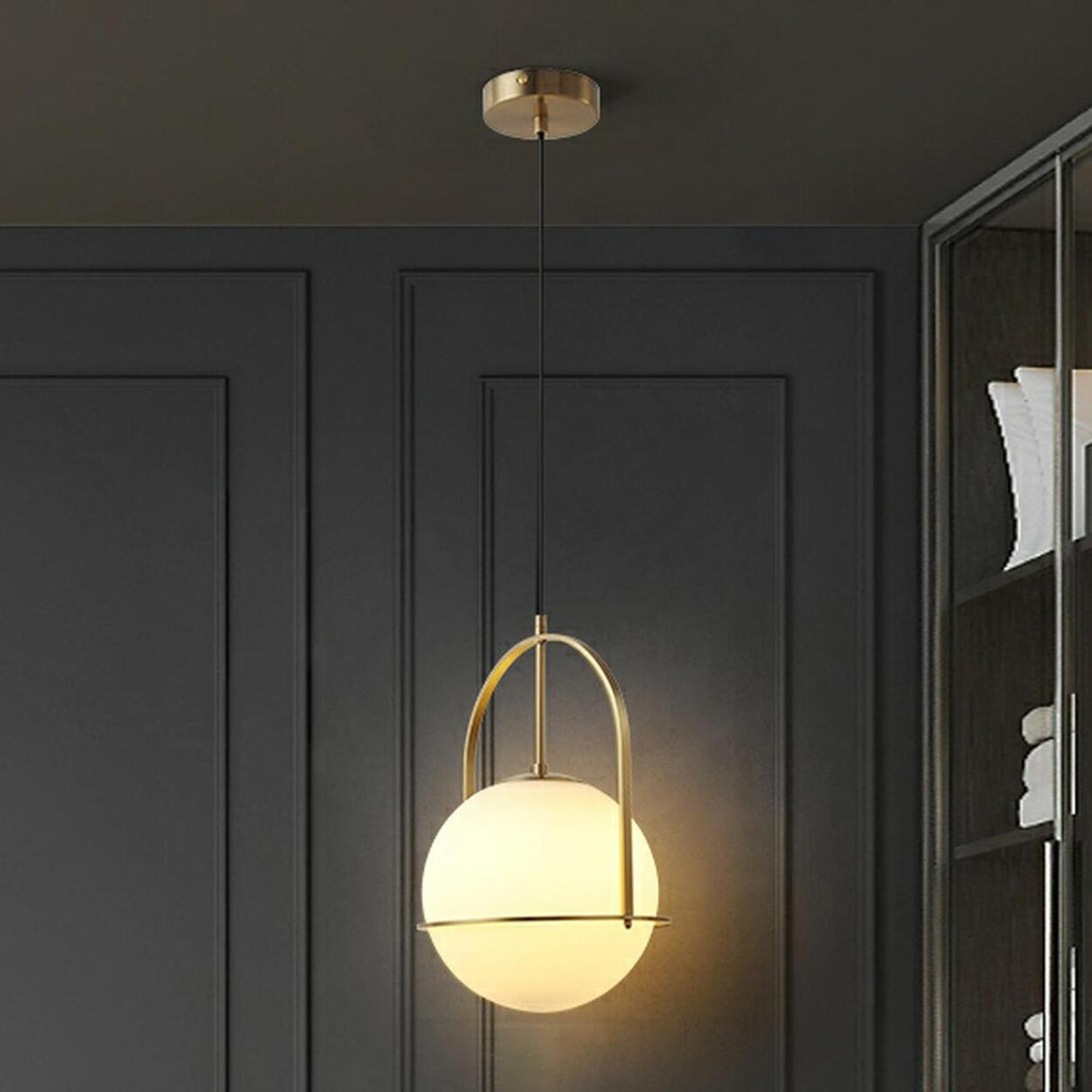 Modern Gold Globe White Glass Living Room Pendant Light Image - 3