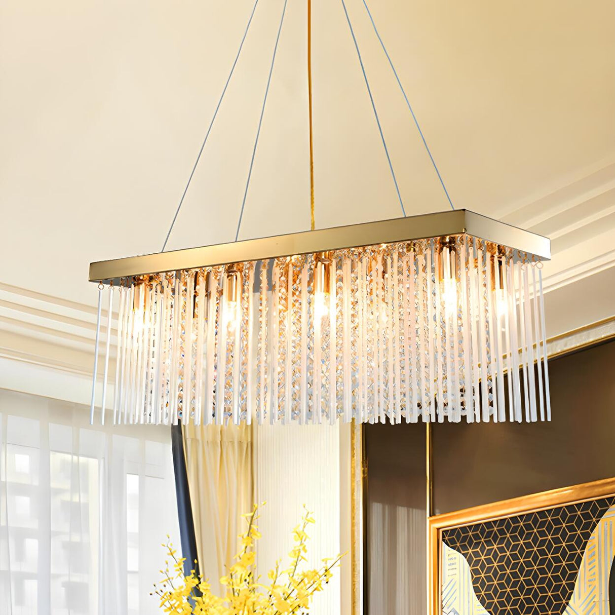 Modern Gold Rectangular Crystal Rod Pendant Chandelier Image - 1