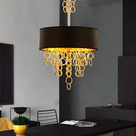 Modern Gold Ring Cascade Black Drum Pendant Chandelier Image - 1