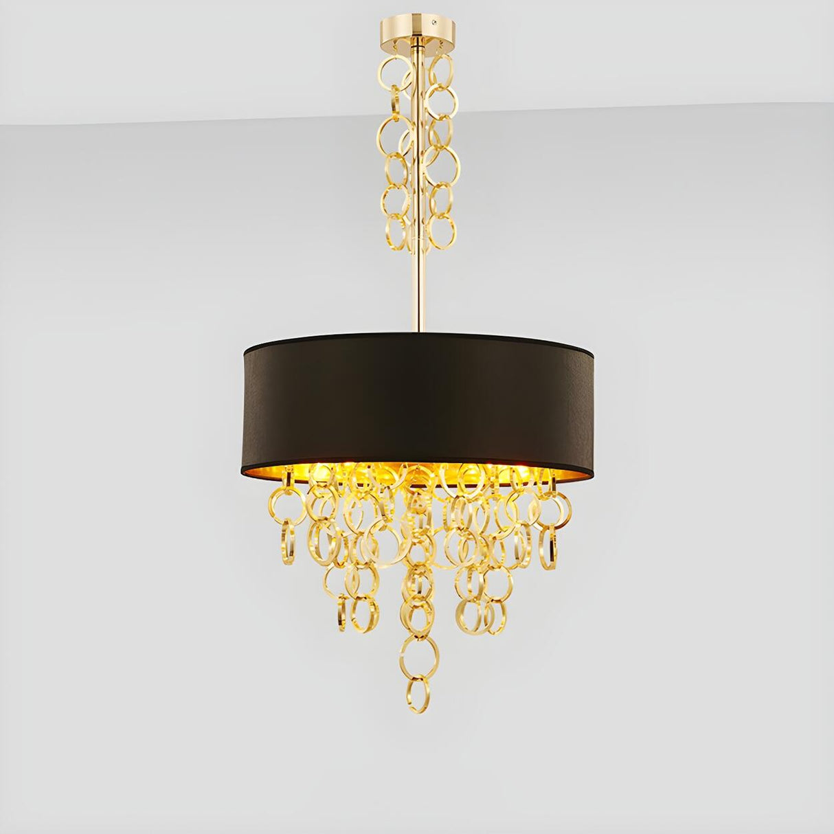 Modern Gold Ring Cascade Black Drum Pendant Chandelier Image - 2