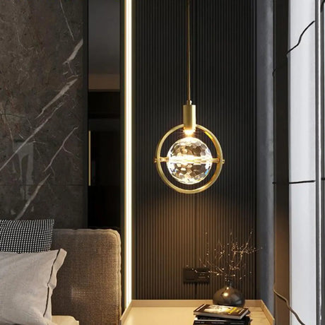 Modern Gold Ring Crystal Globe Bedroom Pendant Light Image - 1