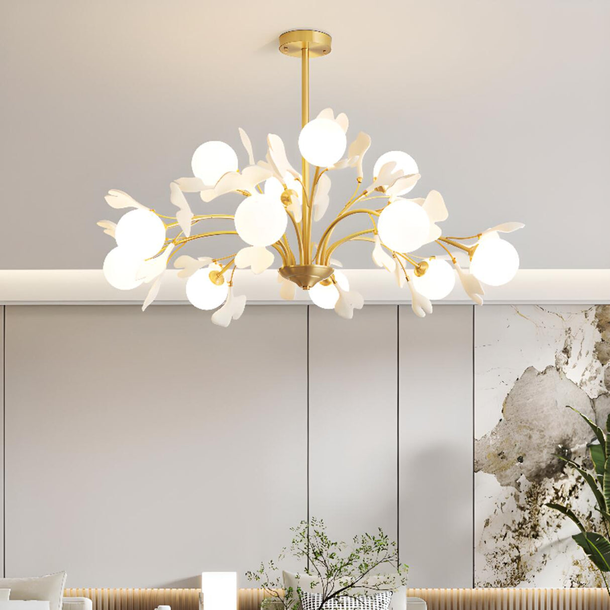 Modern Gold Rod White Floral Glass Ball Chandelier Image - 1