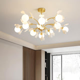 Modern Gold Rod White Floral Glass Ball Chandelier Image - 4