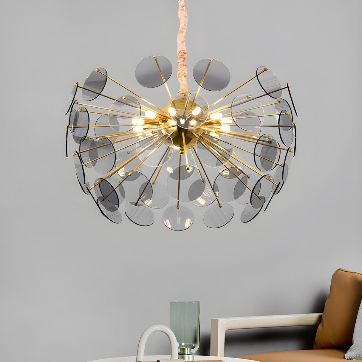 Modern Gold Smoky Glass Discs Acrylic Starburst Chandelier Image - 2