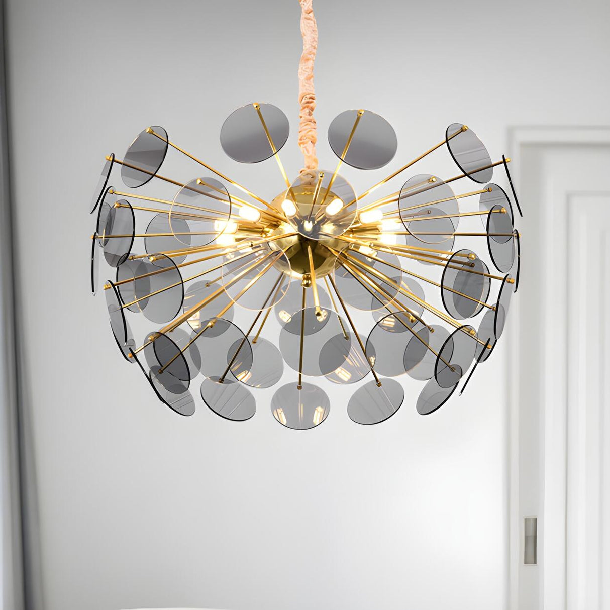 Modern Gold Smoky Glass Discs Acrylic Starburst Chandelier Image - 3