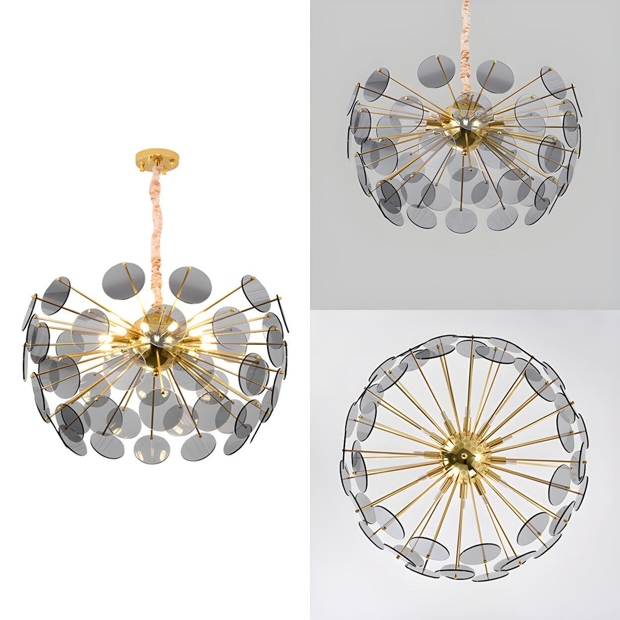 Modern Gold Smoky Glass Discs Acrylic Starburst Chandelier Image - 4