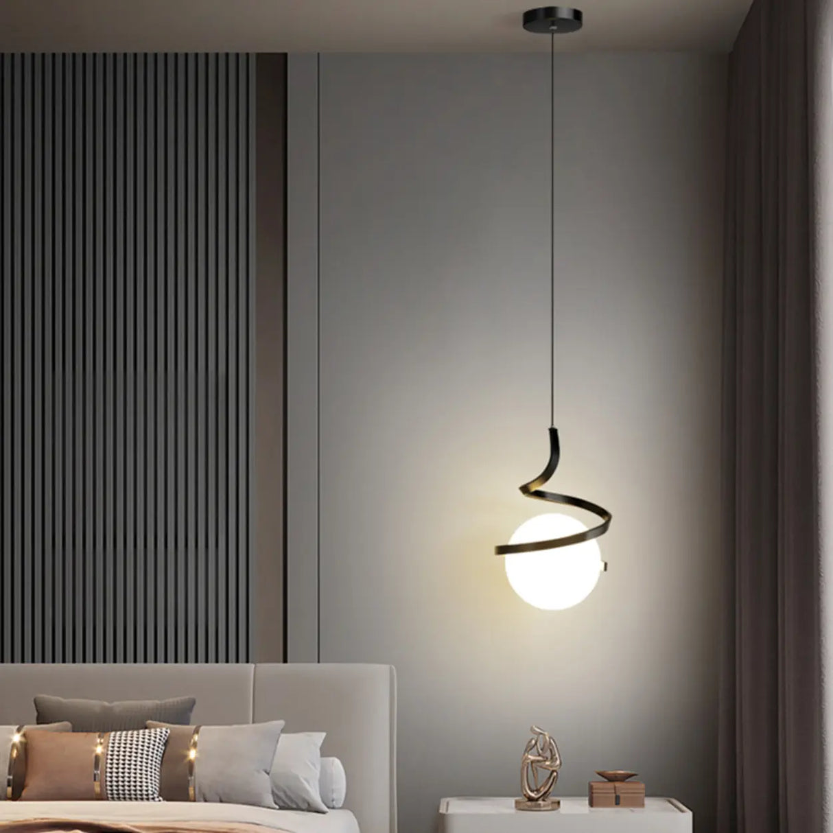 Modern Gold Spiral White Glass Globe Bedroom Pendant Light Image - 12