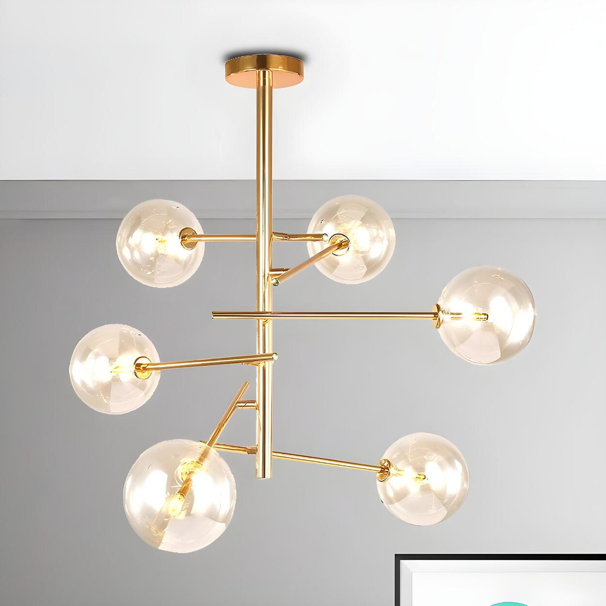 Modern Gold Sputnik Clear Glass Globe Vertical Chandelier Image - 8