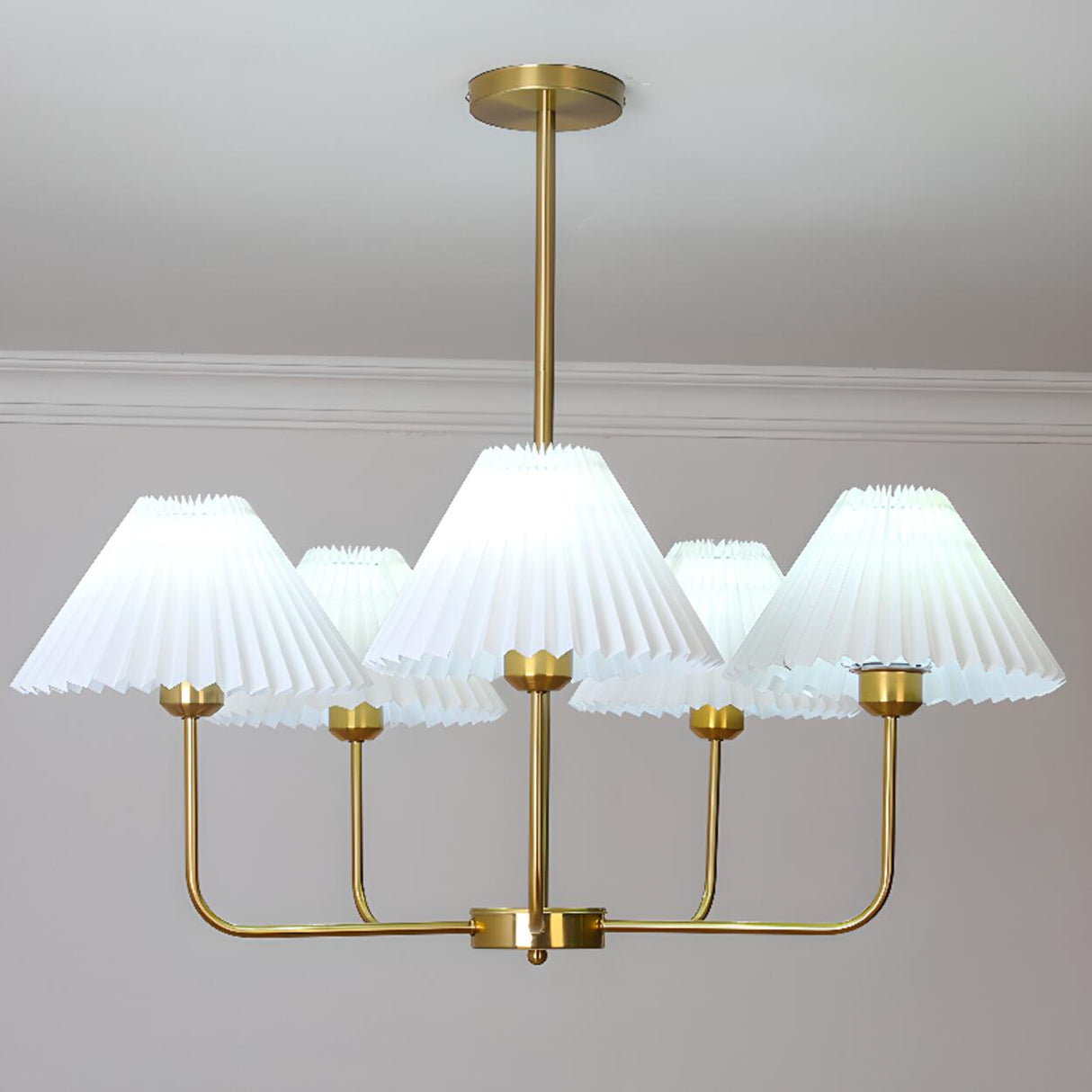 Modern Gold White Pleated Fabric Round Chandelier Image - 8