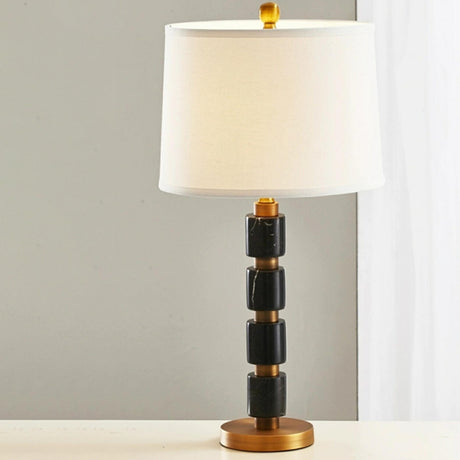 Modern Golden Finish Barrel Fabric Shade Table Lamp Image - 1