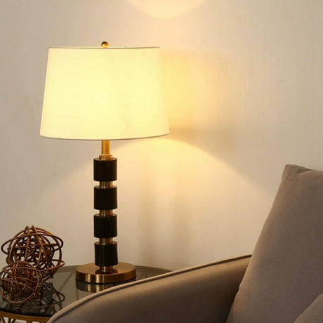 Modern Golden Finish Barrel Fabric Shade Table Lamp Image - 2