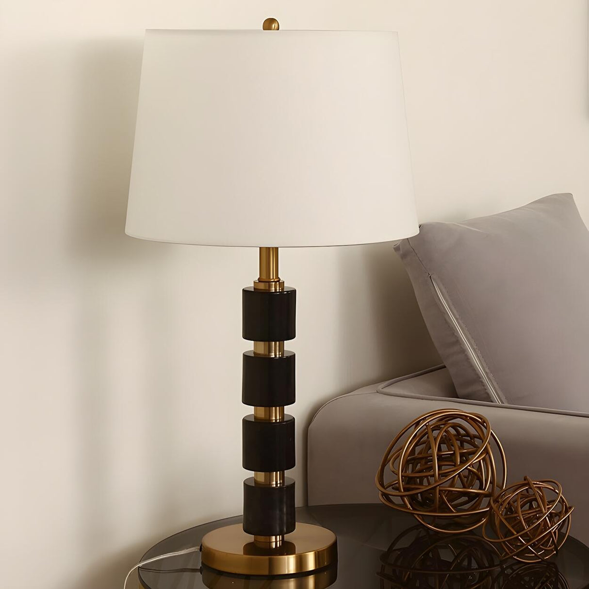 Modern Golden Finish Barrel Fabric Shade Table Lamp Image - 3