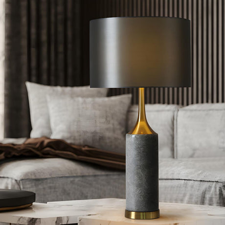 Modern Gray Column Marble Base Drum Shade Table Lamp Image - 1