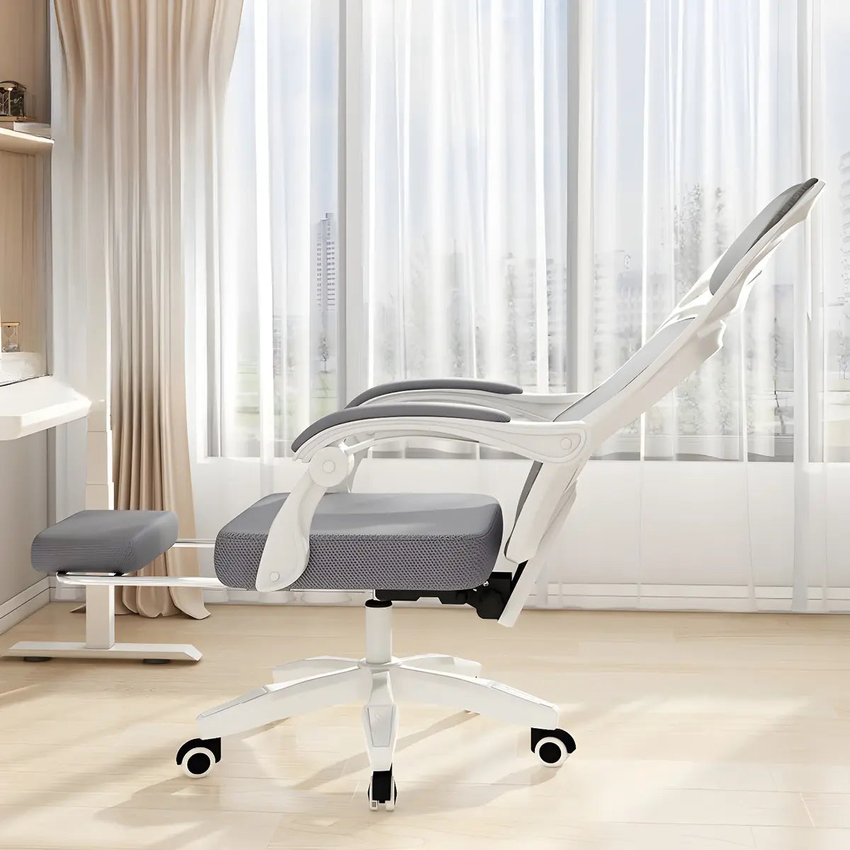 Modern Gray Ergonomic Mesh Office Chair with Headrest Image - 12