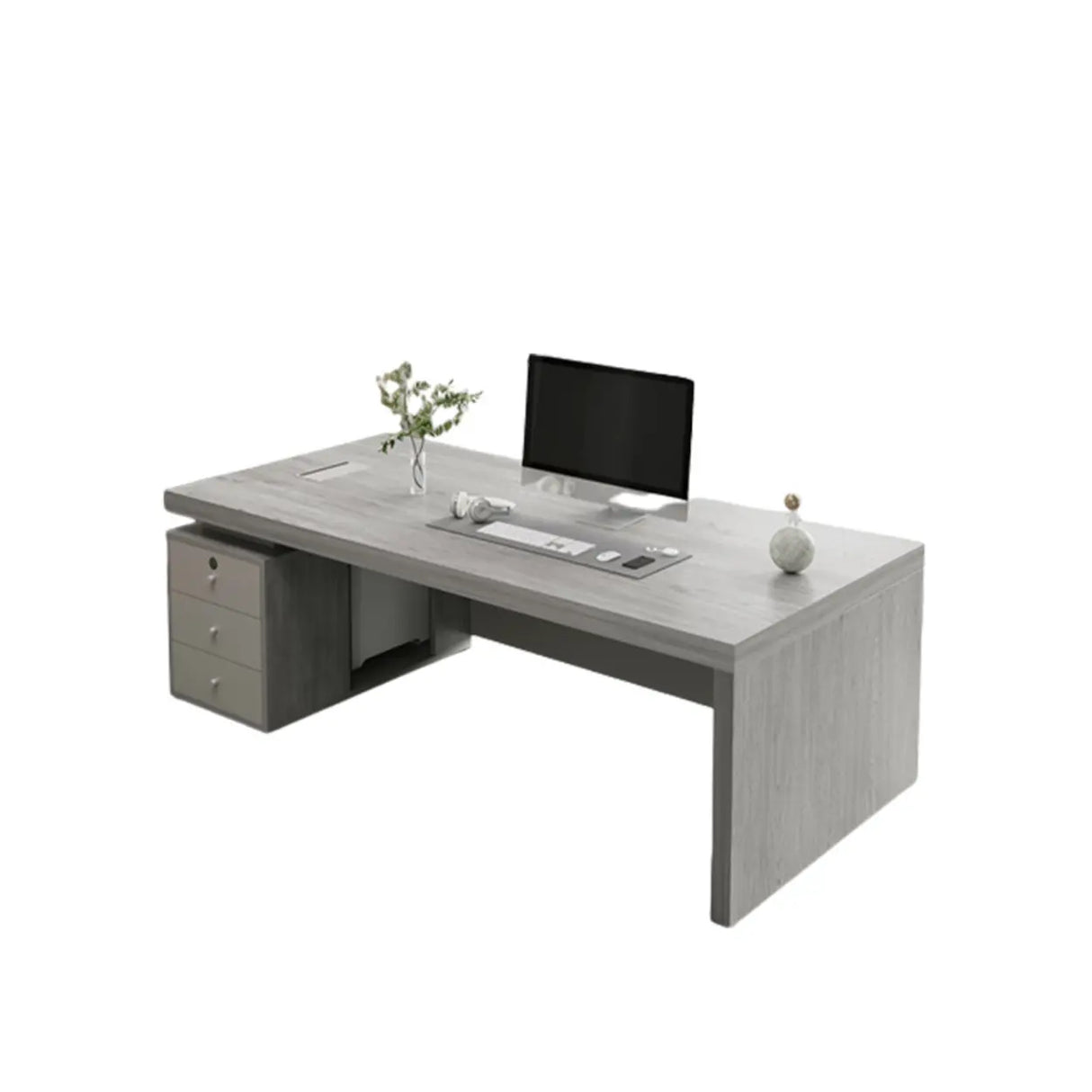 Modern Gray Wood Drawers Storage Sled Computer Desk Image - 5