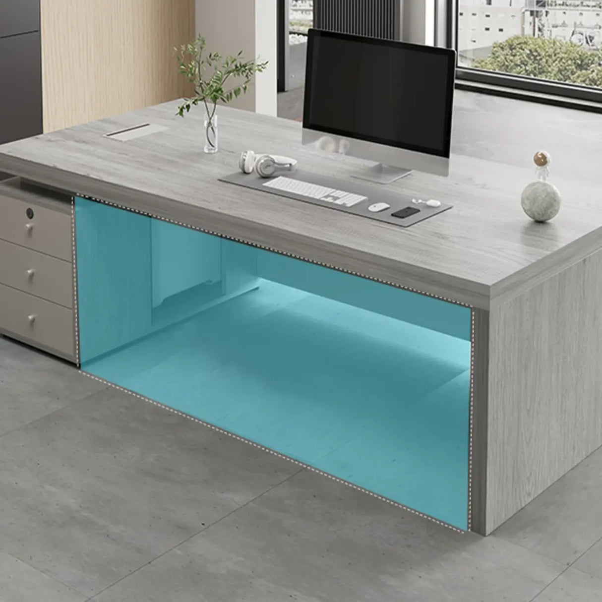 Modern Gray Wood Drawers Storage Sled Computer Desk Image - 6