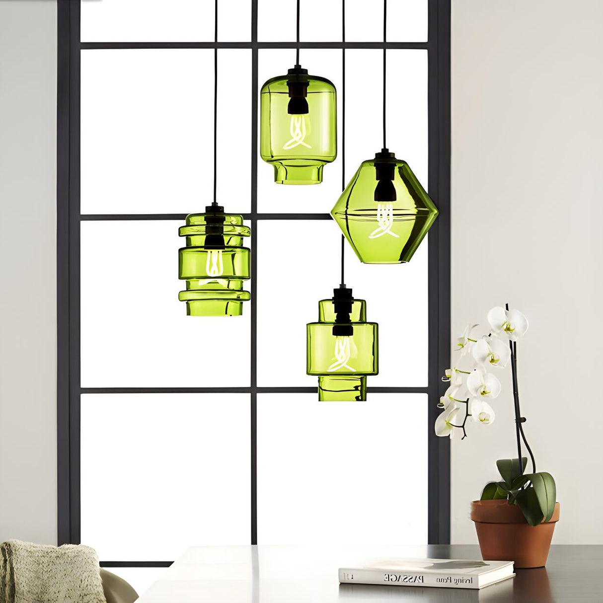 Modern Green Glass Cylindrical Geometric Pendant Light Set Image - 1