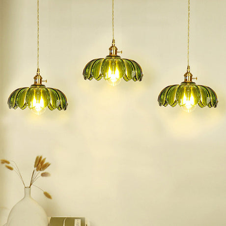 Modern Green Glass Flower Pendant Light Adjustable Rope Image - 1