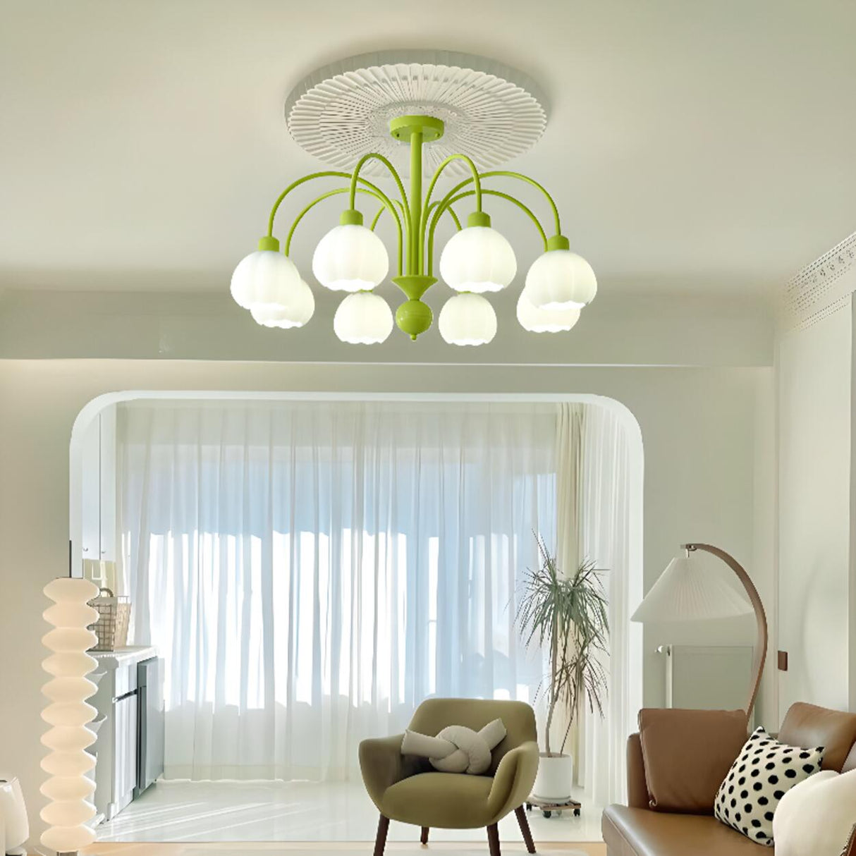 Modern Green Metal Floral White Glass Chandelier Image - 3