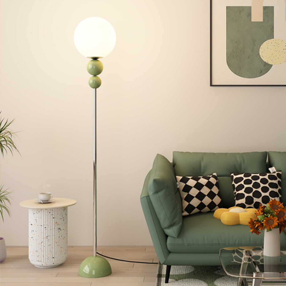 Modern Green Metal White Spherical Floor Lamp Image - 4