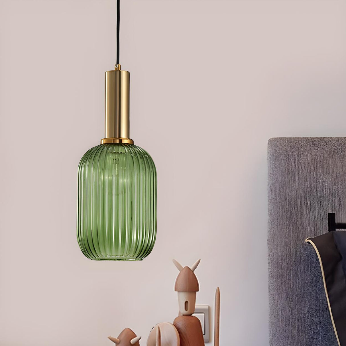 Modern Green Ribbed Glass Cylinder Bedroom Pendant Light Image - 1