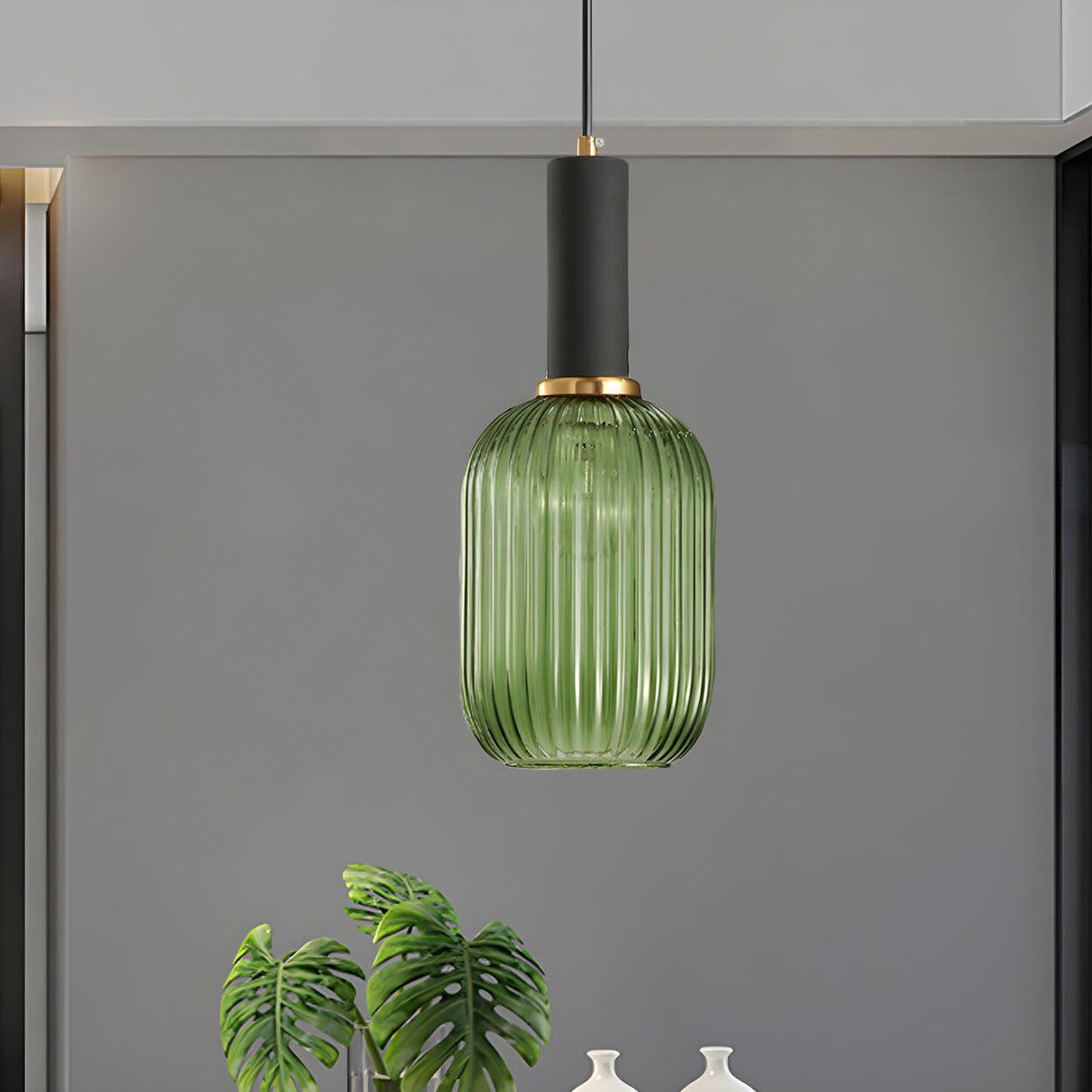 Modern Green Ribbed Glass Cylinder Bedroom Pendant Light Image - 13