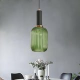 Modern Green Ribbed Glass Cylinder Bedroom Pendant Light Image - 14