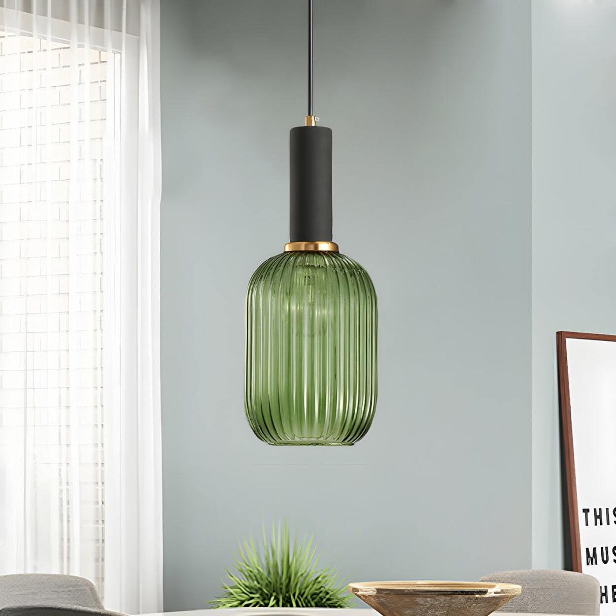 Modern Green Ribbed Glass Cylinder Bedroom Pendant Light Image - 15