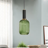 Modern Green Ribbed Glass Cylinder Bedroom Pendant Light Image - 15