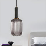 Modern Green Ribbed Glass Cylinder Bedroom Pendant Light Image - 18