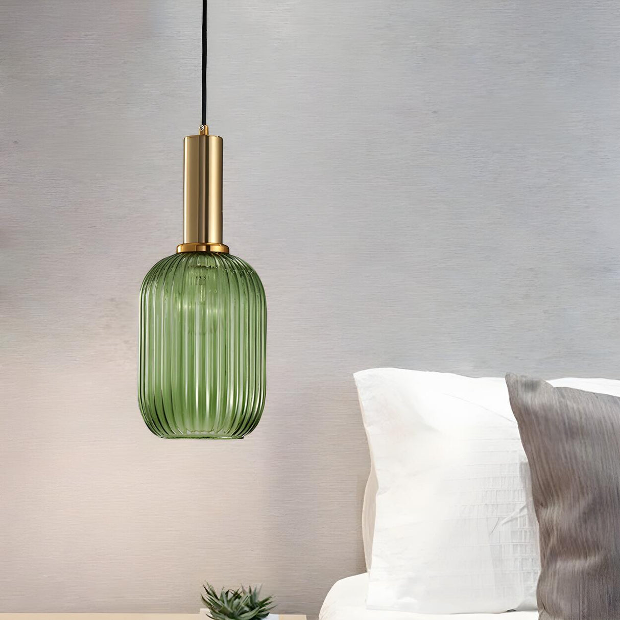 Modern Green Ribbed Glass Cylinder Bedroom Pendant Light Image - 2