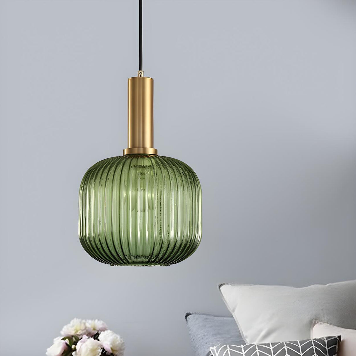 Modern Green Ribbed Glass Cylinder Bedroom Pendant Light Image - 26