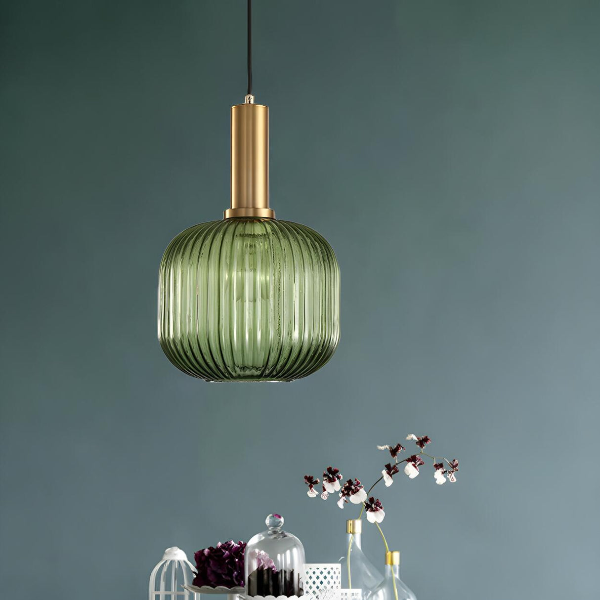 Modern Green Ribbed Glass Cylinder Bedroom Pendant Light Image - 27