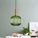 Modern Green Ribbed Glass Cylinder Bedroom Pendant Light Image - 28