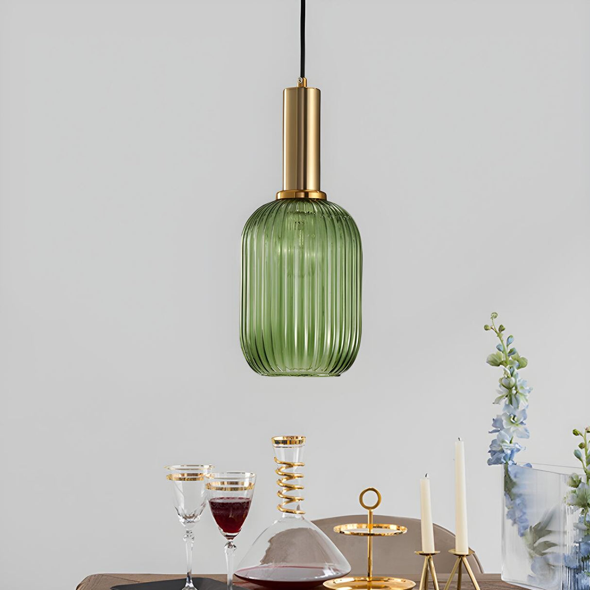 Modern Green Ribbed Glass Cylinder Bedroom Pendant Light Image - 3